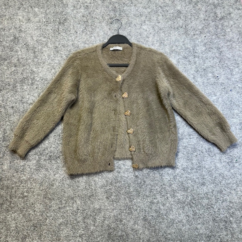 Zara Cardigan Women Medium Taupe Fuzzy Eyelash Knit Gold Heart Buttons